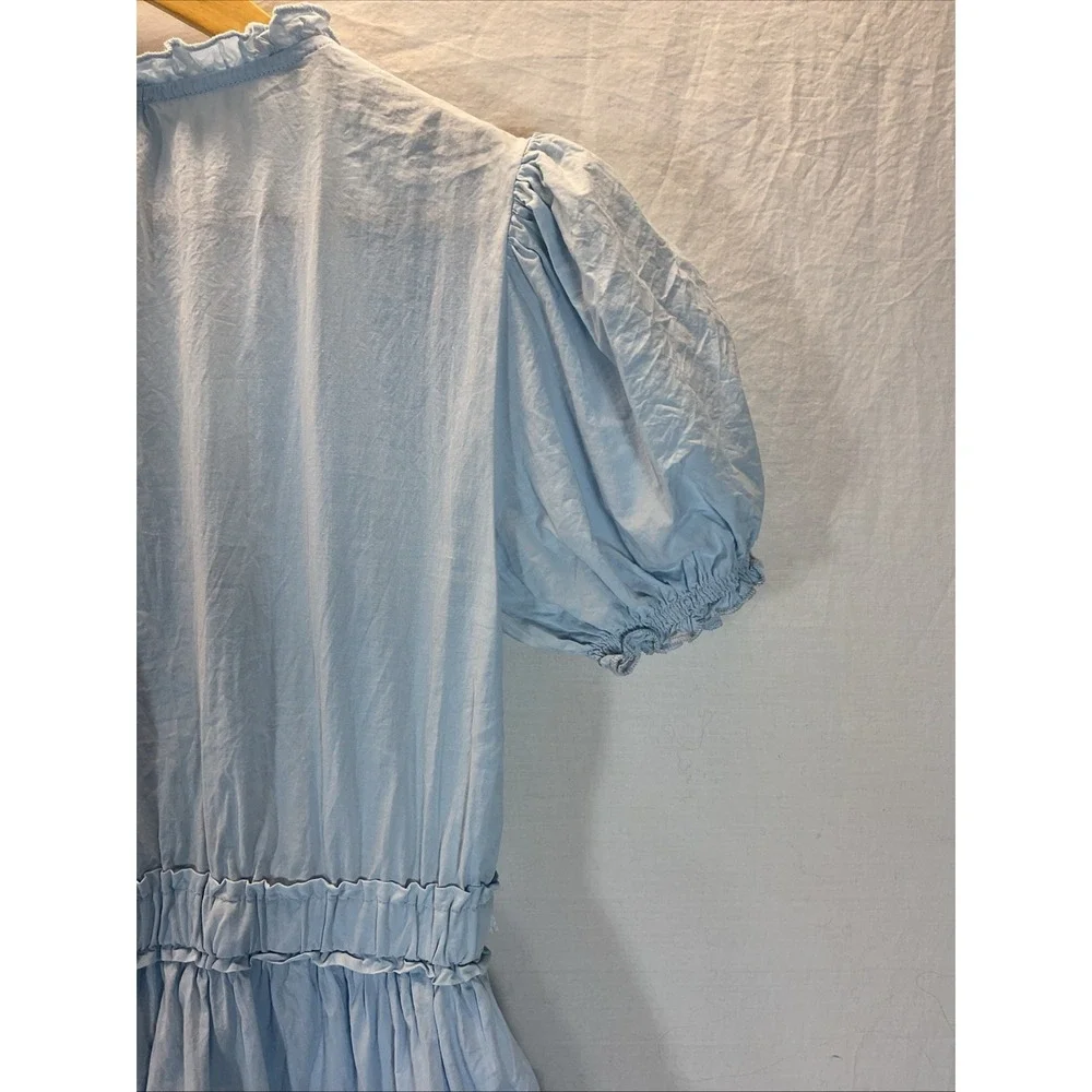 Mable Tiered  Mini Dress Blue Puff Sleeve‎ Ruffle Cottagecore Size M Flounce